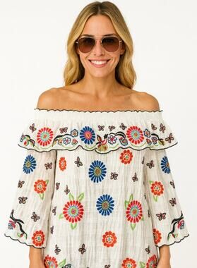 John Mark Embroidered Floral Boho Crinkle Strapless Ruffle Top White Size Large